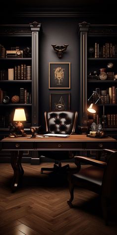 an elegant office with black walls and leather chairs, bookshelves, and wooden flooring