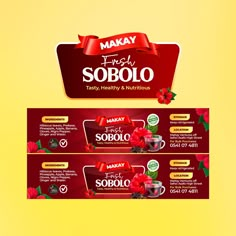 two red banners with coffee cups and flowers on them for makay fresh soboloo