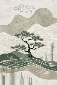 a painting of a tree on top of a hill