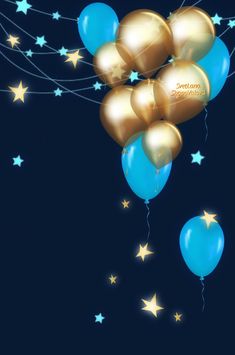 gold and blue balloons floating in the air with stars around them on a dark background