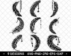 feathers with beads and chains on them, set of 9 designs svng - jpp