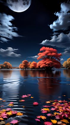 an image of a lake with leaves floating on it and the moon in the sky