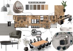 an interior design board with chairs, tables and other items in the room on display