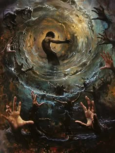 a painting with many hands reaching out to the water and people floating in the air