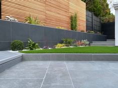 an outdoor area with grass, plants and stairs