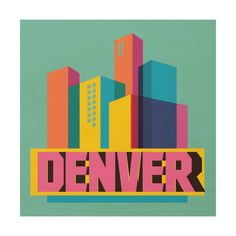 the denver skyline is depicted in this retro style poster from the 1960s's, with colorful buildings and skyscrapers