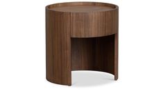 the side table is made from wood and has an oval shaped base with a curved top