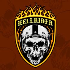 a skull wearing a helmet with flames on it's head and the words hell rider