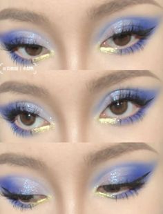 three different pictures of blue eyes with glitter on them