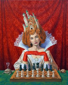 a painting of a woman with a crown on her head sitting at a chess board