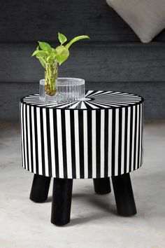 a small potted plant sitting on top of a black and white striped coffee table