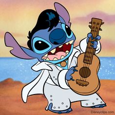 an animated character holding a guitar in front of the ocean