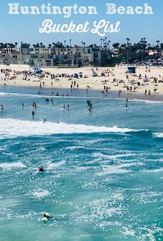 the beach is crowded with people and water