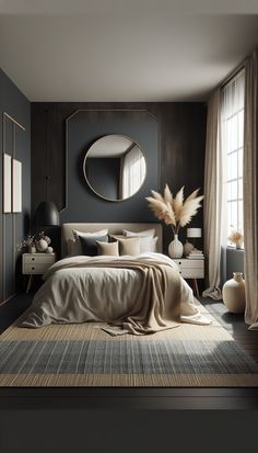 a bedroom with dark walls and neutral decor