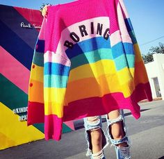 Colorful Day | BORING Heart Embroidery Rainbow Knit Cardigan Sweater Rainbow Clothes Aesthetic, Aliencore Outfit, Kidcore Aesthetic Fashion, Eclectic Clothing Style, Embroidery Rainbow, Goth Unicorn, It Girl Fashion, Rainbow Cardigan, Cycling Tops