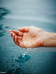 a person's hand reaching out to the water