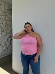 Plus Size Rose Halter Top Pink Plus Size Y2k Outfits, Plus Size Crop Top Outfit, Plus Size Crop Top, Plus Size Y2k, Plus Size Crop Tops, Tank Top Outfits, Pink Ivory, Floral Outfit, Crop Top Outfits