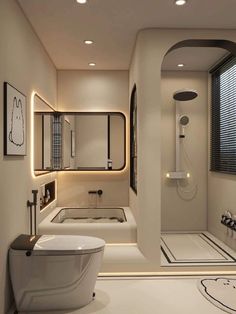 a bathroom with a tub, toilet and sink in it's center wall is lit by recessed lights