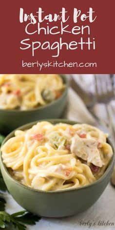 two green bowls filled with pasta and chicken