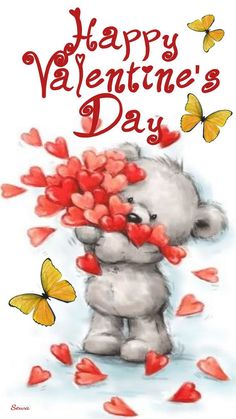 a valentine's day card with a teddy bear holding hearts in the shape of butterflies