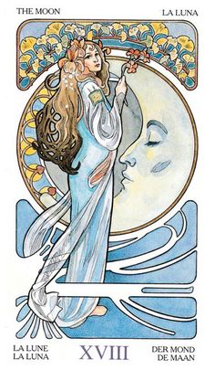 a woman in blue dress holding a moon above her head and the words la luna on it