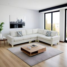 a living room filled with furniture and a large window covered in glass door doors that look out onto the city