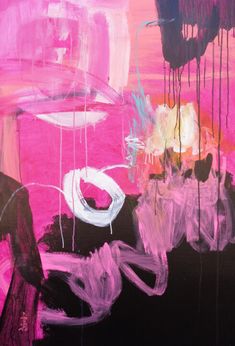 an abstract painting with pink and black colors