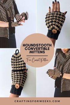 four photos showing how to crochet the houndstooth mittens with free pattern