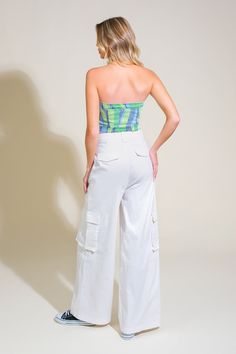 A printed denim tube top. Matching pant IT12945-SET. Details: Self : 100% Cotton Size & Fit - Model is 5`8" And Wearing Size Small- Measurements Taken From Size Small- Approx. Length: 10.5" Green Y2k Style Cotton Bottoms, Y2k Style Green Cotton Bottoms, Green Denim Cargo Jeans For Spring, Casual Cotton Crop Top With Pockets, High Waist Cotton Tops For Day Out, High-waisted Cotton Tops For Day Out, Y2k Green Cotton Jeans, Trendy Green Summer Cargo Jeans, Y2k Denim Cargo Pants For Summer