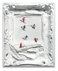 a white frame with skiers on it and snow in the backgroung