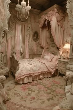 an old fashioned bedroom with pink bedding, chandelier and curtains on the walls