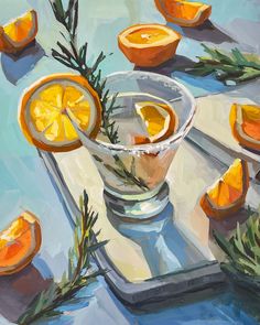 an oil painting of oranges and rosemary in a glass bowl on a blue surface