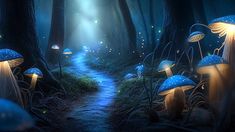 a path through the woods with glowing mushrooms on it's sides and lights shining in the distance