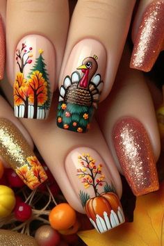 Fall Plaid Acrylic Nails, Thanksgiving Food Nail Art, Scarecrow Fingernails, Hawaii Fall Nails, September Nail Art Ideas, Sweater Nail Designs Fall, Bright Fall Nail Designs, Harvest Nail Designs, Country Christmas Nails