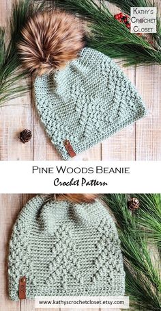 the pine woods beanie crochet pattern is shown in two different colors and sizes