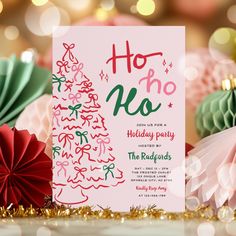 a pink holiday party card with red and green paper pom poms around it