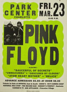 a concert poster for pink floyd's show at the park center on march 23, 1970