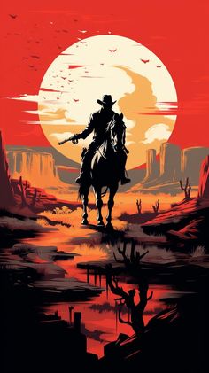 a man riding on the back of a horse in front of a red sky at sunset