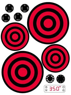 four red and black circles with numbers on them