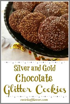 silver and gold chocolate glutter cookies in a black bowl with confetti on the side