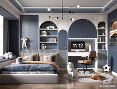 a bedroom with blue and white walls, a soccer ball on the floor and shelves