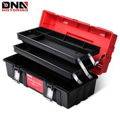 two black plastic storage boxes with lids and dividers on each side, one is empty