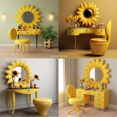 the sunflower is painted yellow and it looks to be in different rooms, including a dressing table with stools