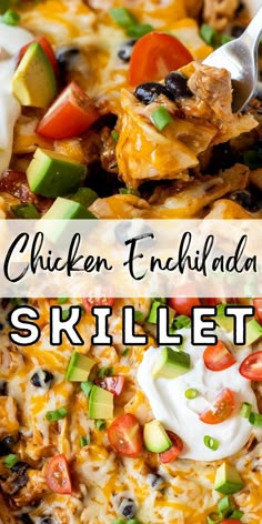 the chicken enchilada skillet is loaded with vegetables, cheese and sour cream