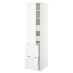 a tall white cabinet with two drawers