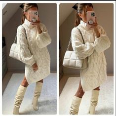 Blogger's Favorite Knit Dress. Sold Out Online. Dresses With Thigh High Boots, Hot Mom Outfits, Chunky Knit Sweater Dress, Khaki Sweater, Fall Sweater Dress, Cable Knit Dress, Chunky Cable Knit Sweater, Cable Knit Sweater Dress, Dress H&m