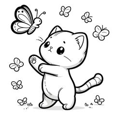 a cartoon cat with butterflies flying around it's back and its paw in the air