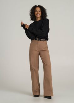 High Rise Wide Leg Flat Front Chino Pants for Tall Women | American Tall Tall Work Pants Women, Pants For Tall Women, Look Wide Leg, Tall Girl Outfits, Tall Women Fashion, Feeling Secure, Scrubs Dress, Cozy Sleepwear, Work Pants Women