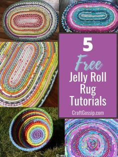 the top five jelly roll rugs are shown in different colors and sizes, with text overlay reading 5 free jelly roll rugs