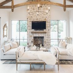 a living room filled with furniture and a fire place in front of a tv mounted on the wall